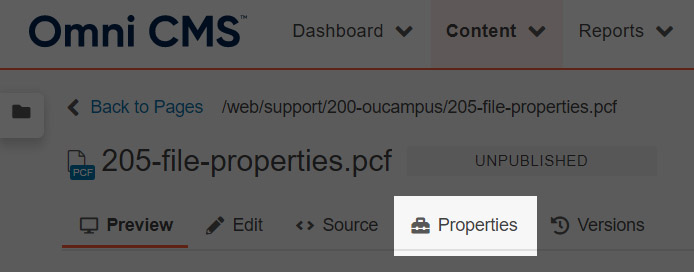 Screenshot highlighting the file "Properties" option in Omni CMS.