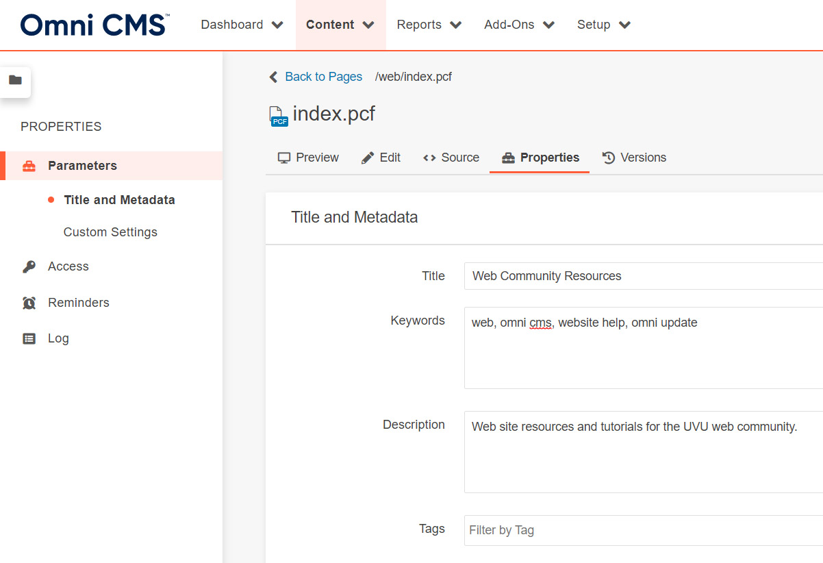 Screencapture showing file property options in Omni CMS, inclusing page title, SEO keywords and description.