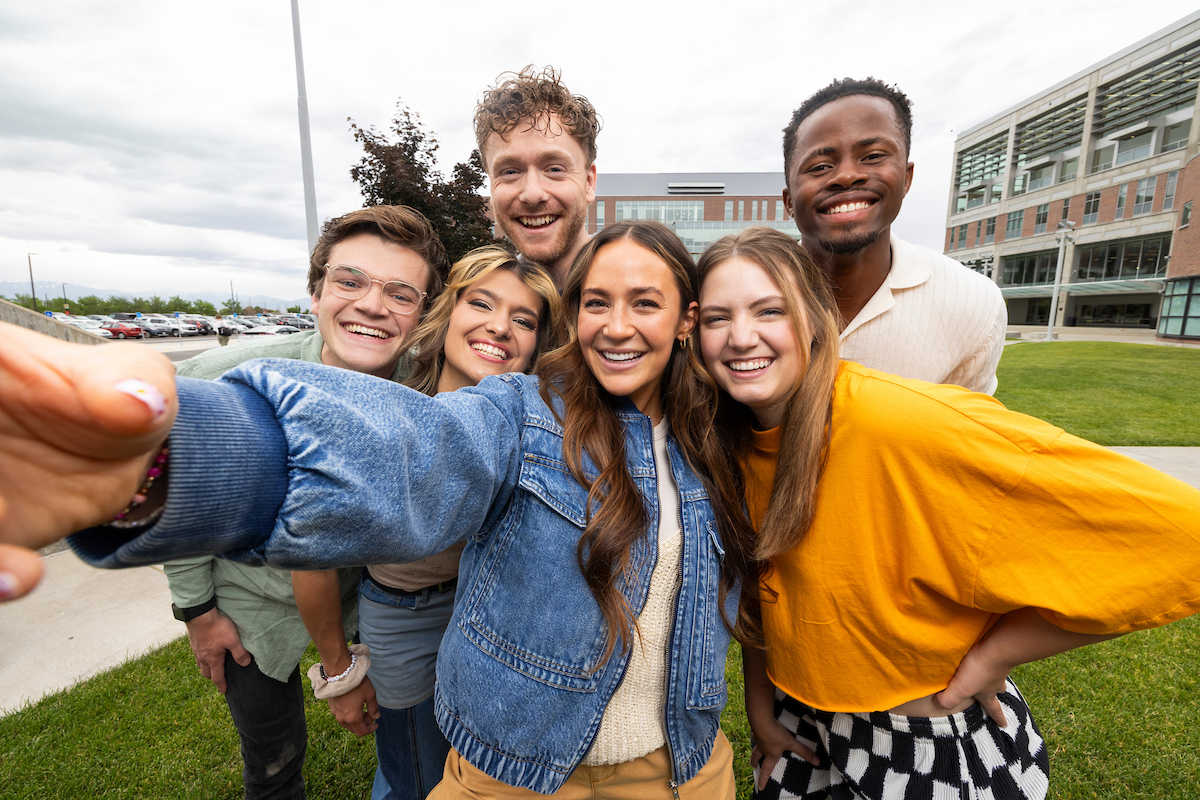 picture of many students in the quad overlayed with a few close up